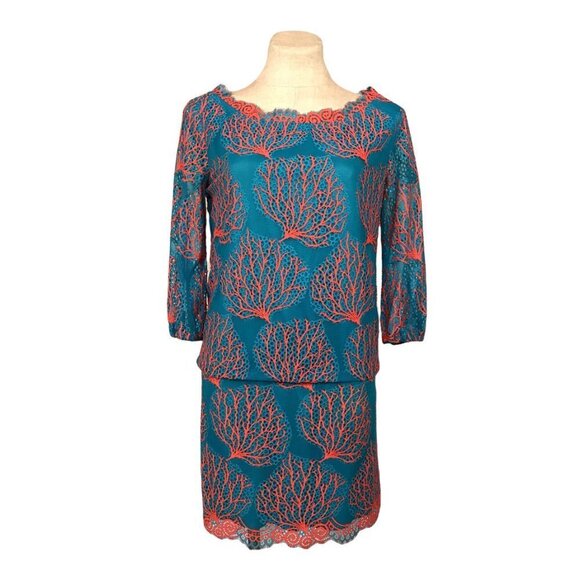 Lilly Pulitzer Cee Cee Dress Blue Snorkel Coral Mesh Lace Size 4 Drop Waist Long - Picture 3 of 15